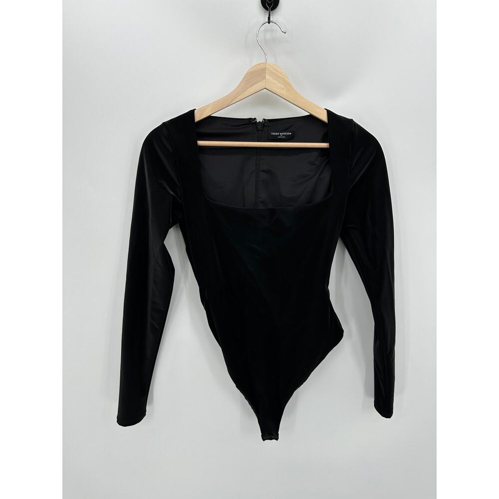 Naked‎ Wardrobe Black Liquid Faux Suede Square Neck Bodysuit Women Medium GS6